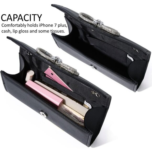 Women Black Shiny Crystal Bow Flap Clutch Wedding Party Handbag - Picture 6 of 9